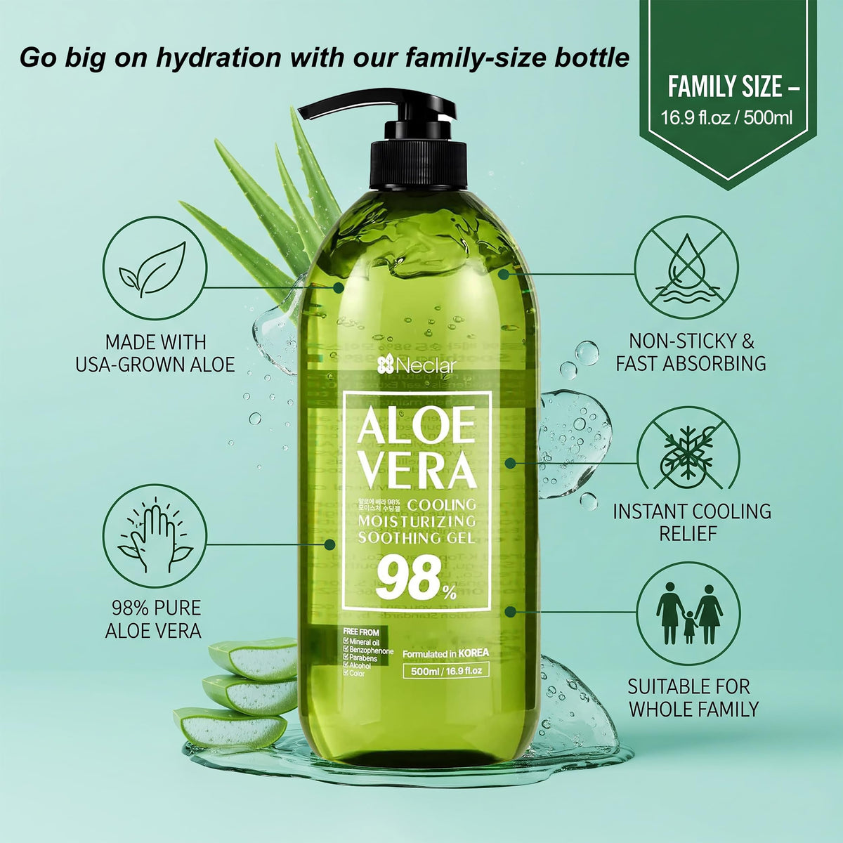 Neclar aloe vera gel shown on face, hair, and body for versatile use.