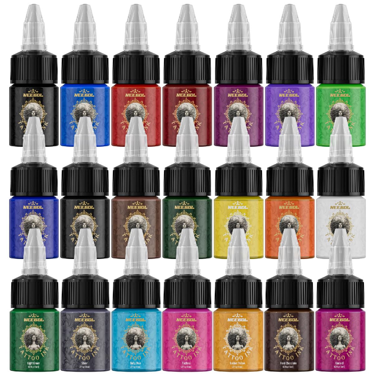 Neebol 21 colors tattoo ink bottles front view for vibrant outlining options