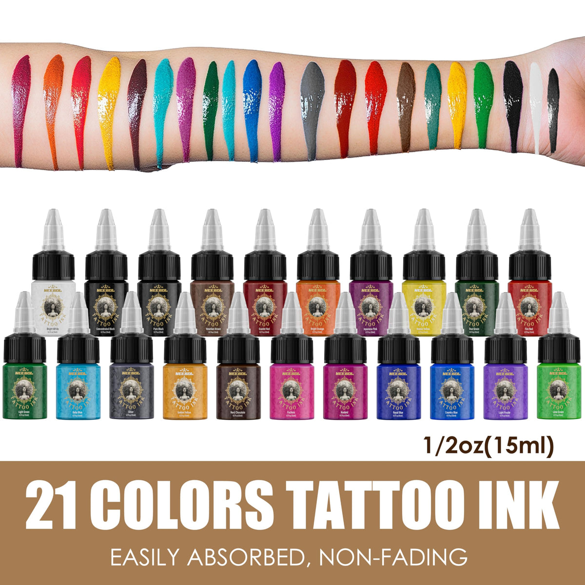 Neebol 21 colors tattoo session setup suggests professional use by artists and enthusiasts