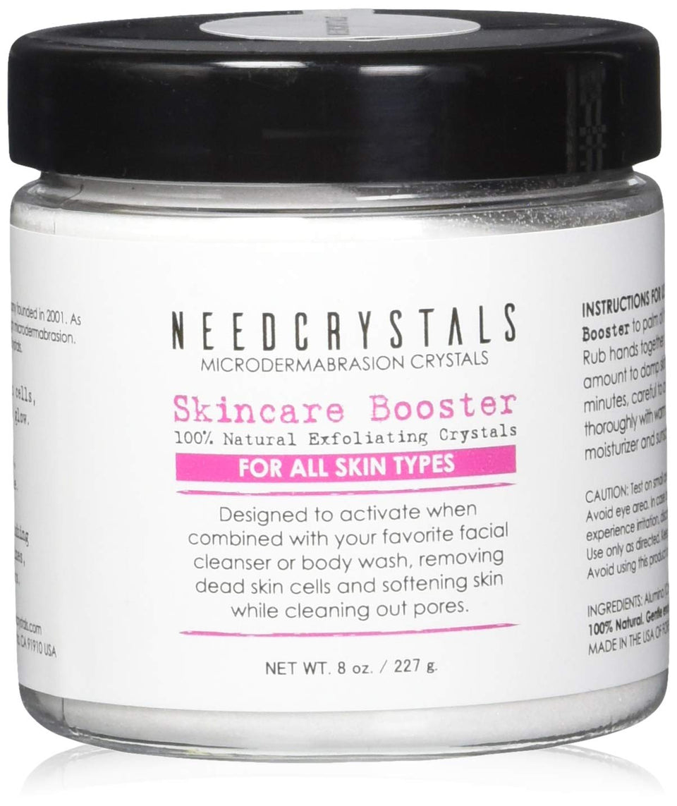 NeedCrystals microdermabrasion crystals in jar for at-home spa exfoliation