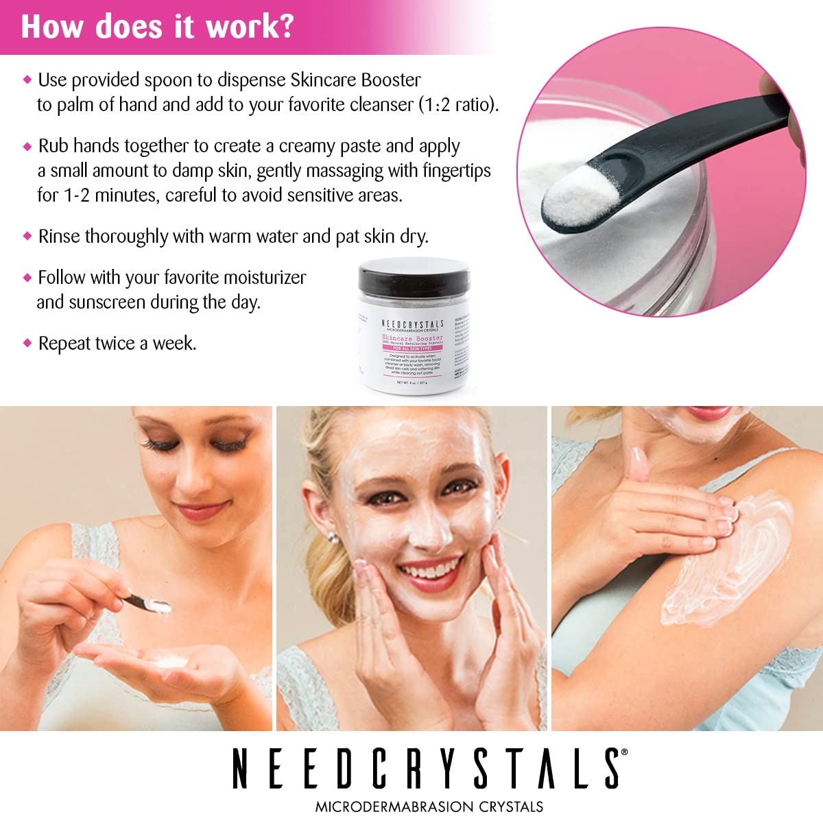 NeedCrystals microdermabrasion crystals on skin reduce visible pores and uneven tone