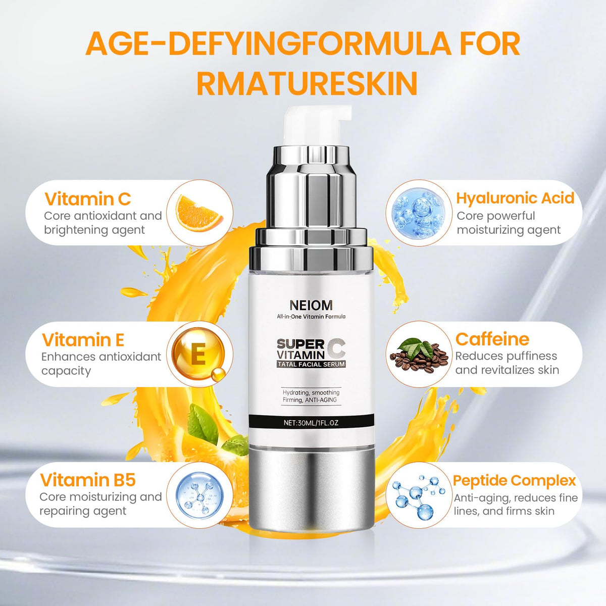 NEIOM Vitamin C Serum with hyaluronic acid visual emphasizes deep hydration.