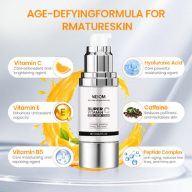 NEIOM Vitamin C Serum with hyaluronic acid visual emphasizes deep hydration.