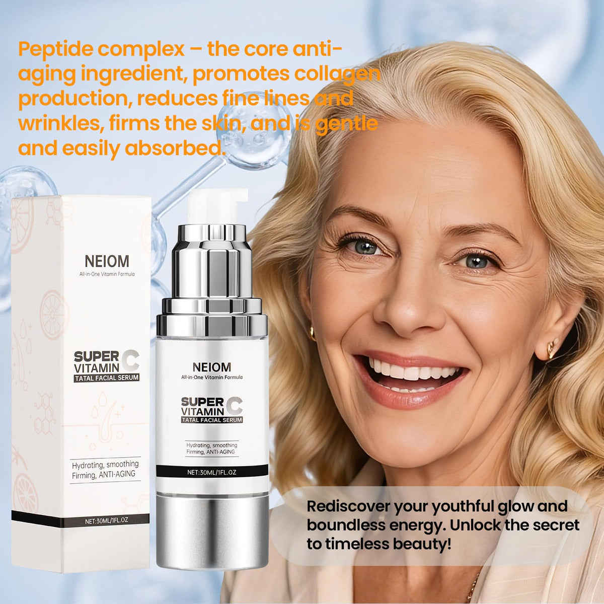 NEIOM Vitamin C Serum peptide graphic illustrates anti-aging support for skin texture.