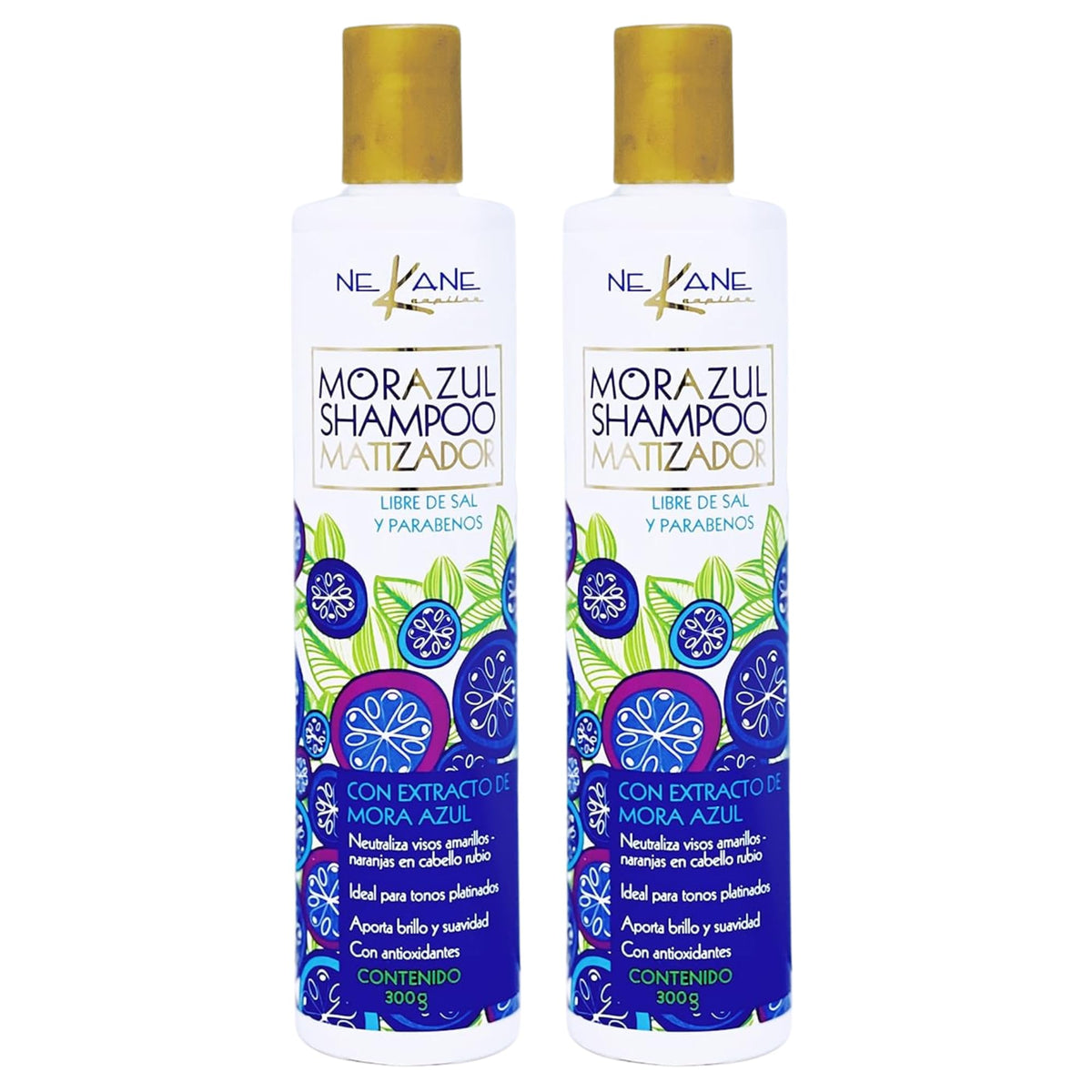 Nekane Mora Azul Toning shampoo bottle pouring to show cool-tone maintenance for blonde and gray hair
