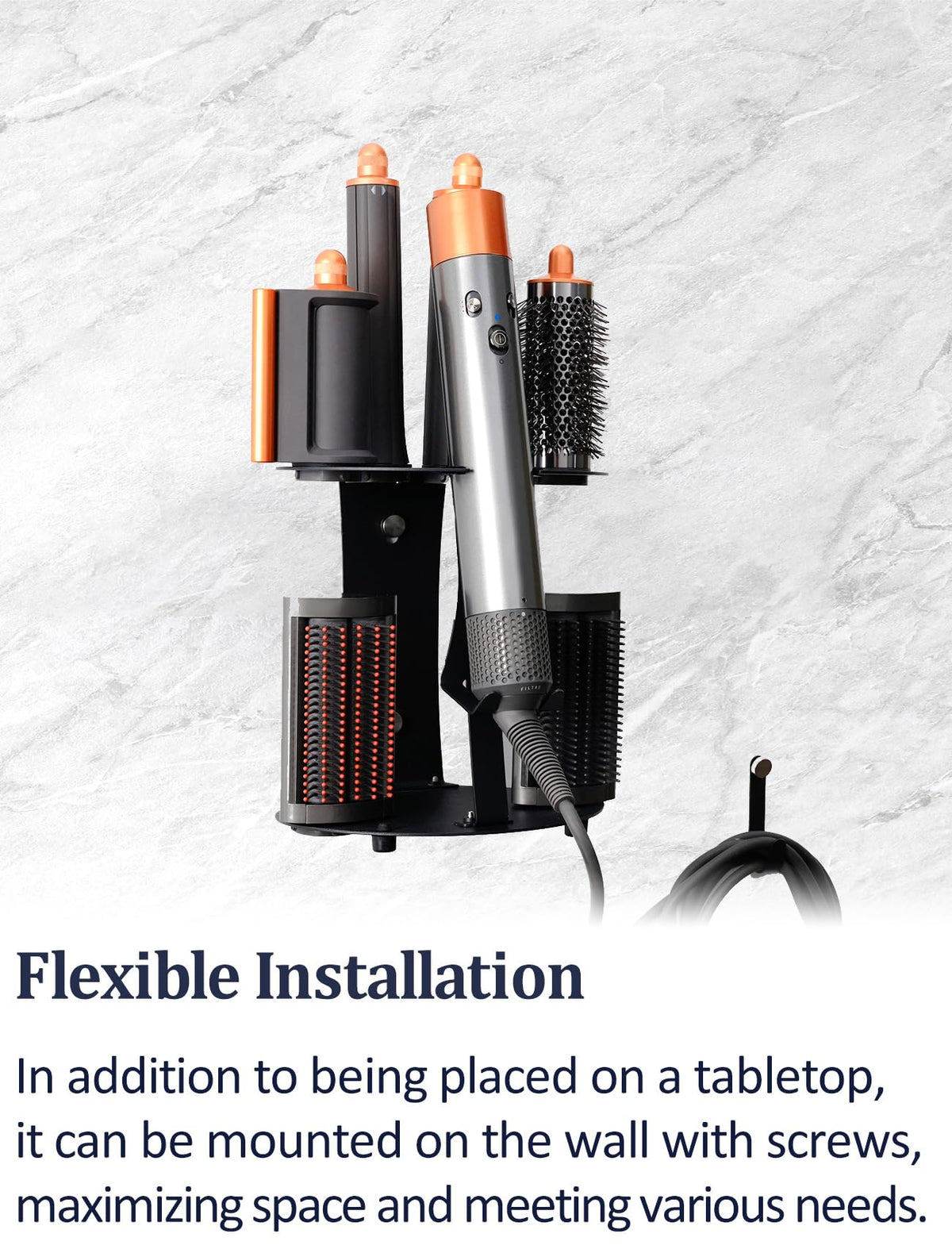 Nekuma wall-mount bracket enables space-saving storage in bath or vanity.