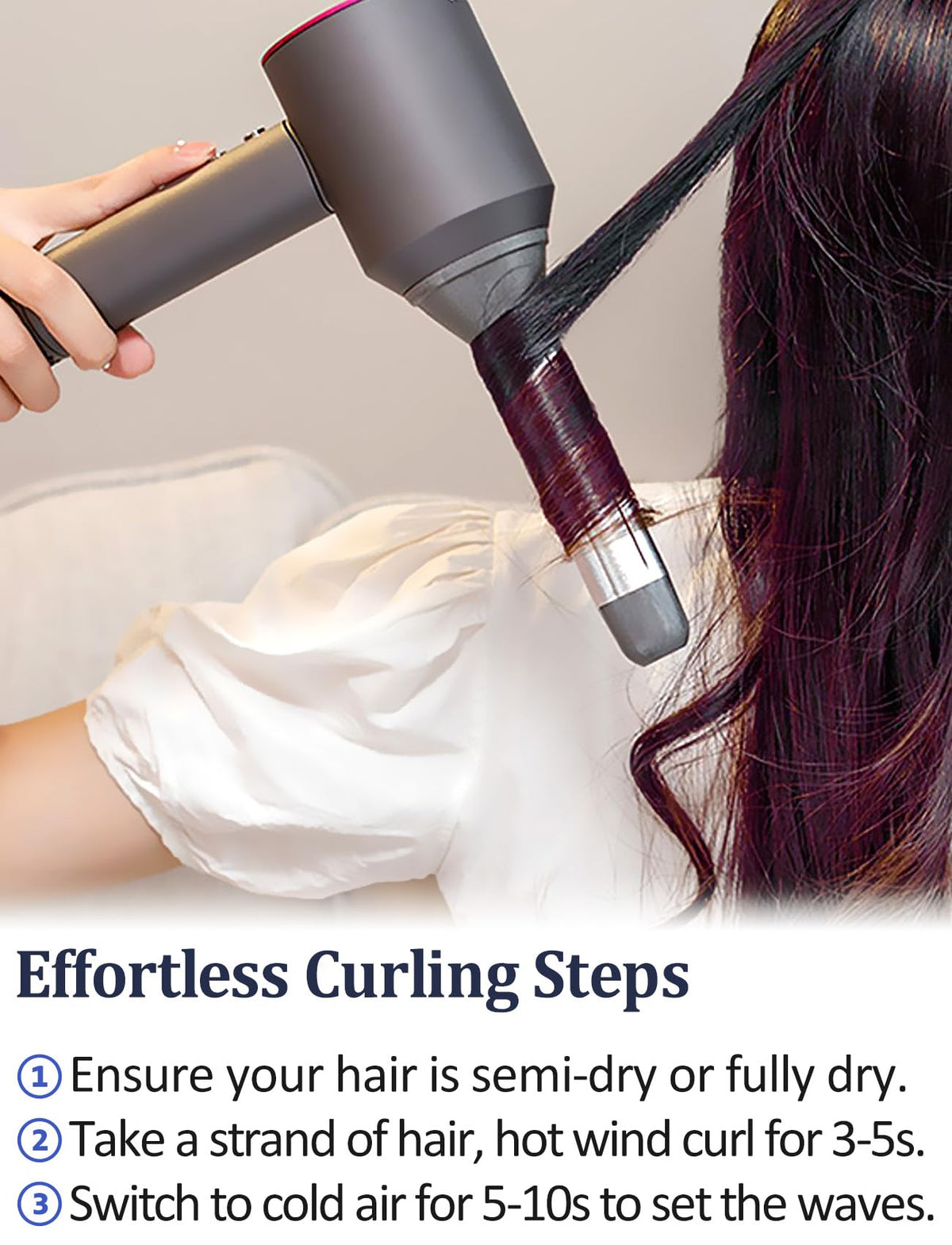 Nekuma Dyson hair-dryer attachments with included guide for long-hair styling.