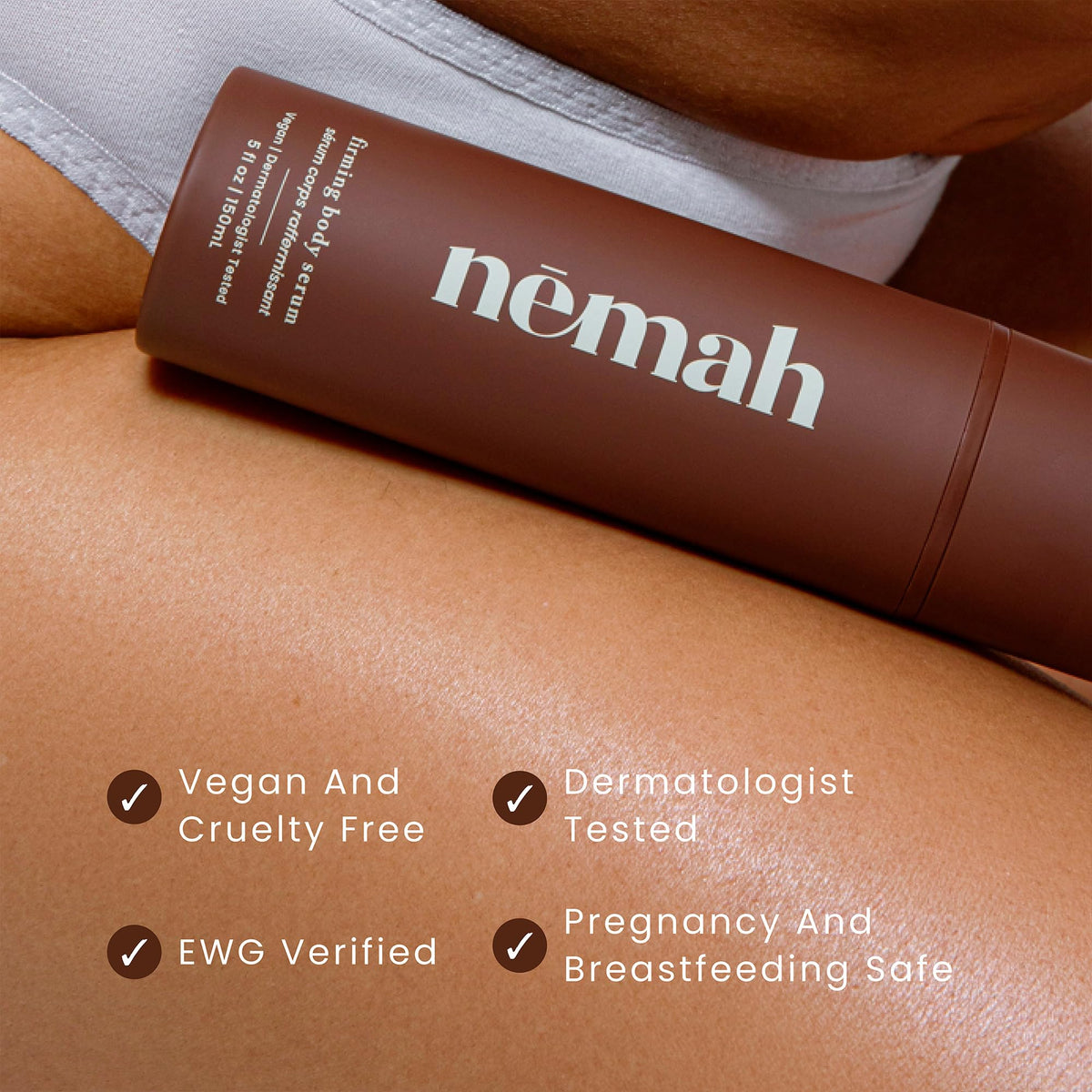 Nemah Firming Body Lotion packaging pump bottle shown for mess-free routine.