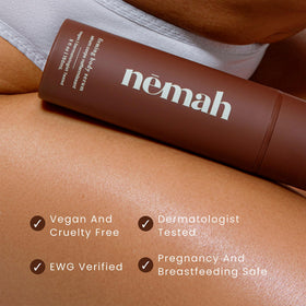 Nemah Firming Body Lotion packaging pump bottle shown for mess-free routine.