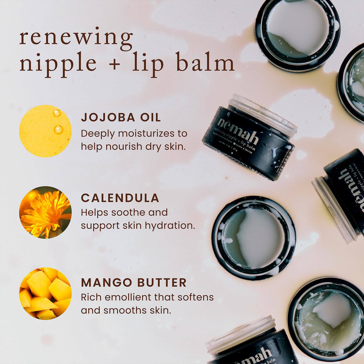 Nemah Nipple Cream jar closeup demonstrates non-greasy finish ideal under clothing