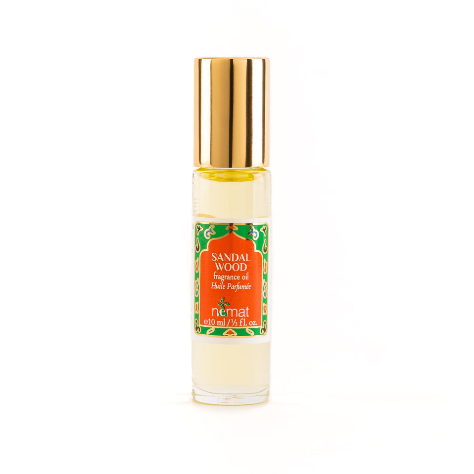 Nemat International sandalwood roll-on bottle close-up for clean, alcohol-free fragrance