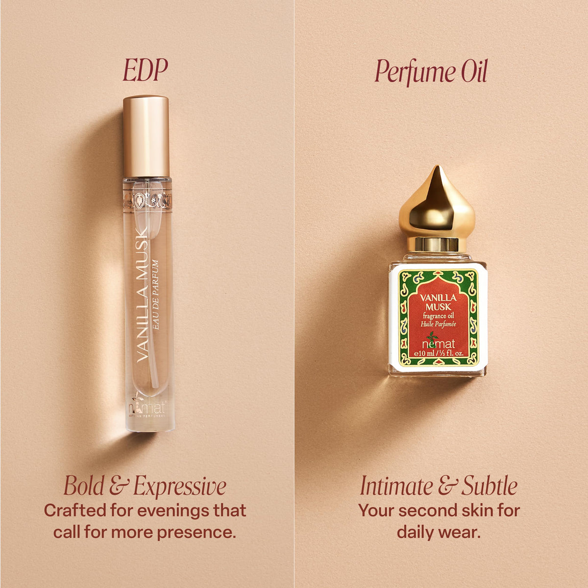 Nemat International Vanilla Musk EDP dispensing image highlights controlled application.