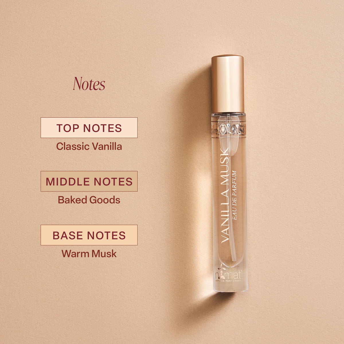 Nemat International Vanilla Musk EDP label closeup emphasizes premium branding and scent identity.