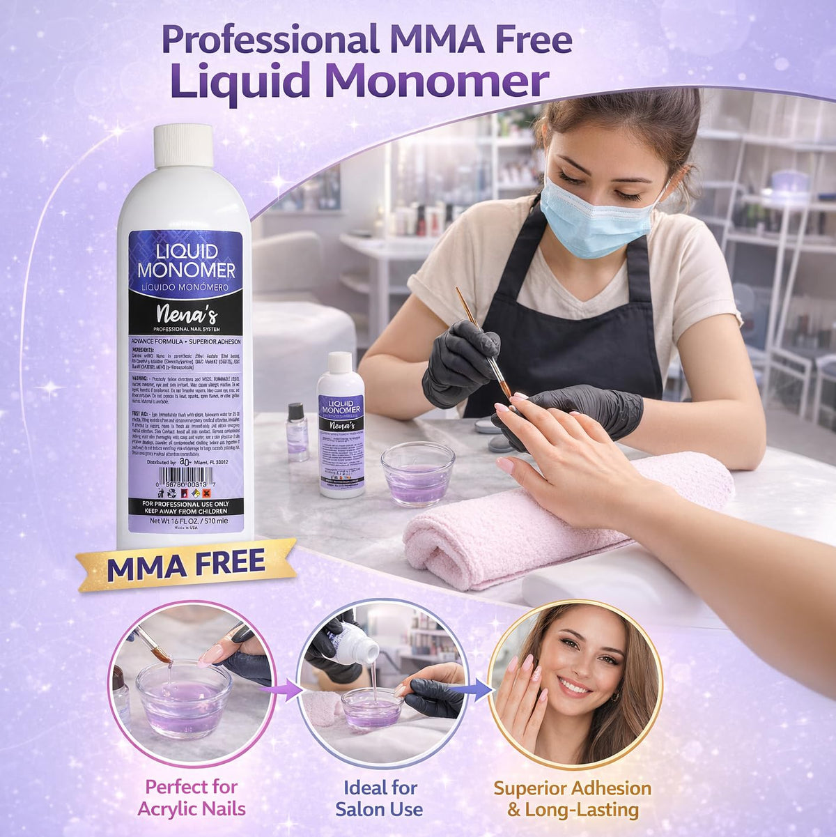 Nena's Liquid Monomer creamy texture closeup suggesting easy blending and controlled application.