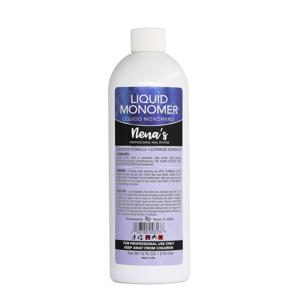 Nena's Professional Liquid Monomer 16oz bottle pour for smooth, even acrylic application.