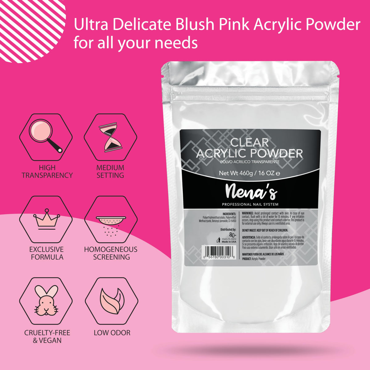 Nena's Clear powder applied for a smooth, bubble-free finish on a nail tip.