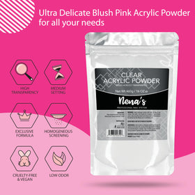 Nena's Clear powder applied for a smooth, bubble-free finish on a nail tip.