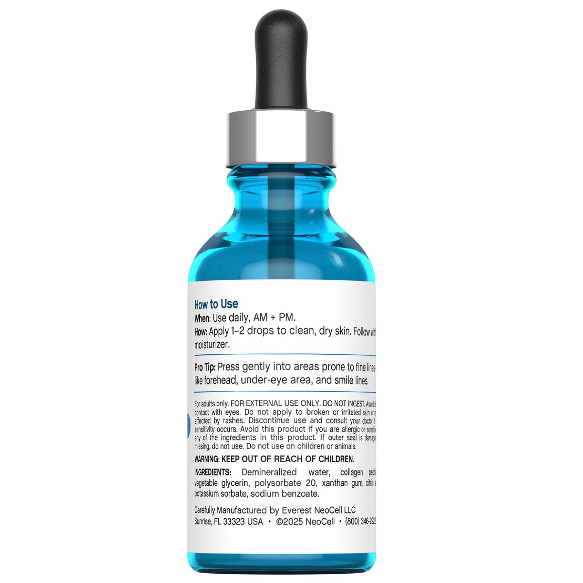 NeoCell Collagen Peptides Serum dropper closeup for quick morning treatment.