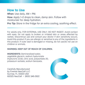 NeoCell Hyaluronic Acid Hydration Serum absorbing into damp skin for lasting moisture.