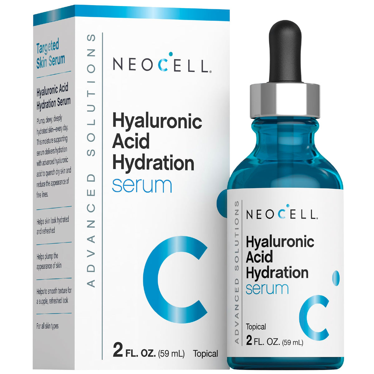 NeoCell Hyaluronic Acid Hydration Serum bottle showing deep hydration benefits.