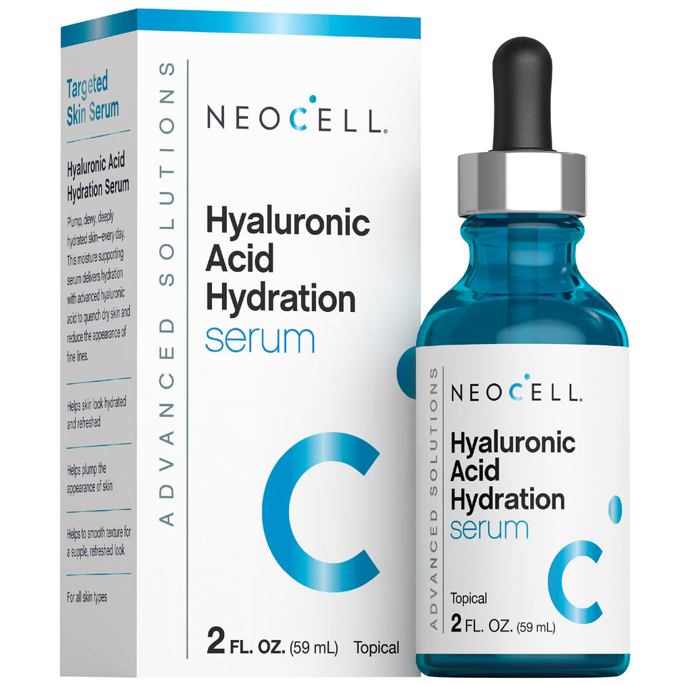 NeoCell Hyaluronic Acid Hydration Serum bottle showing deep hydration benefits.