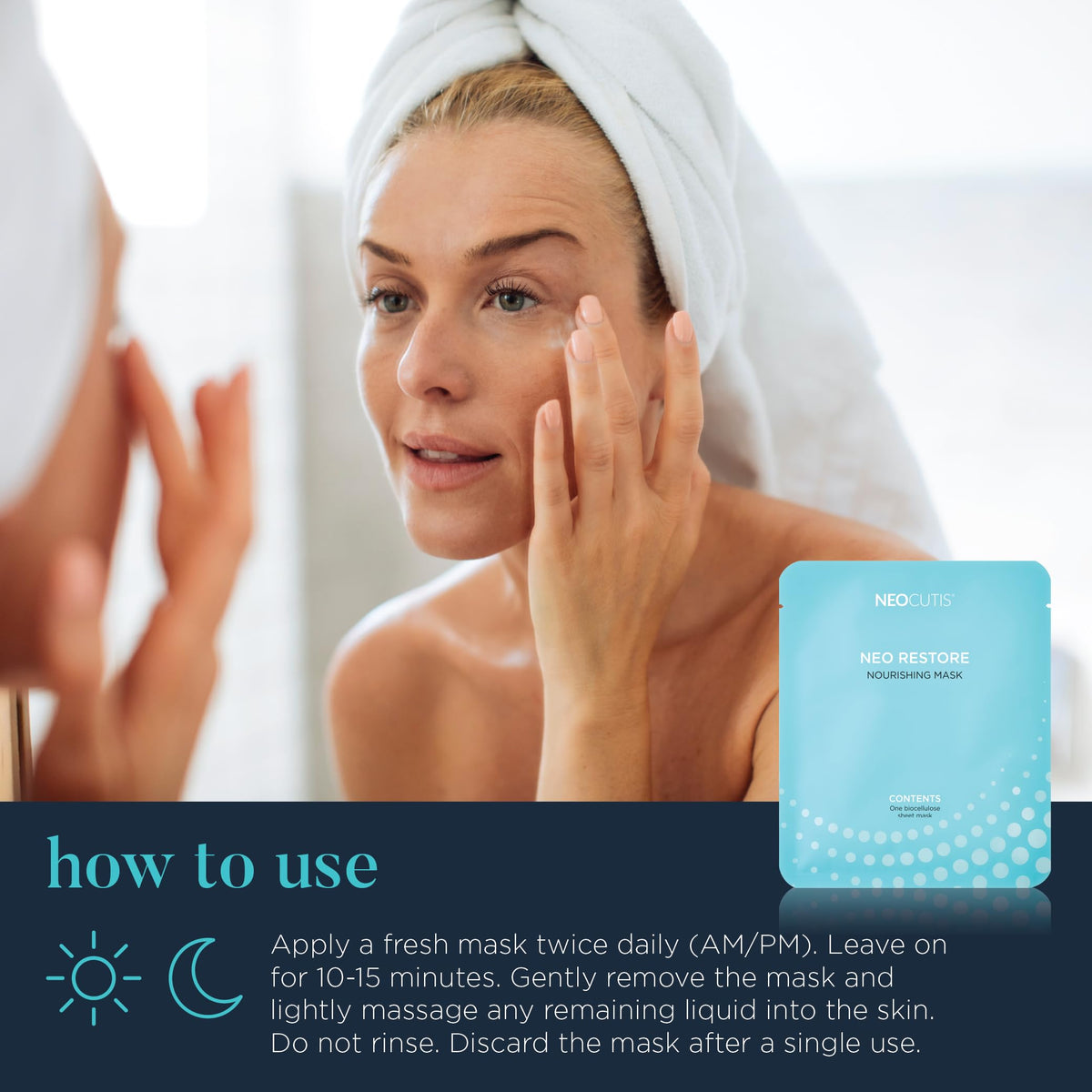 Applying the NEOCUTIS Neo Restore mask on face demonstrates soothing hydration