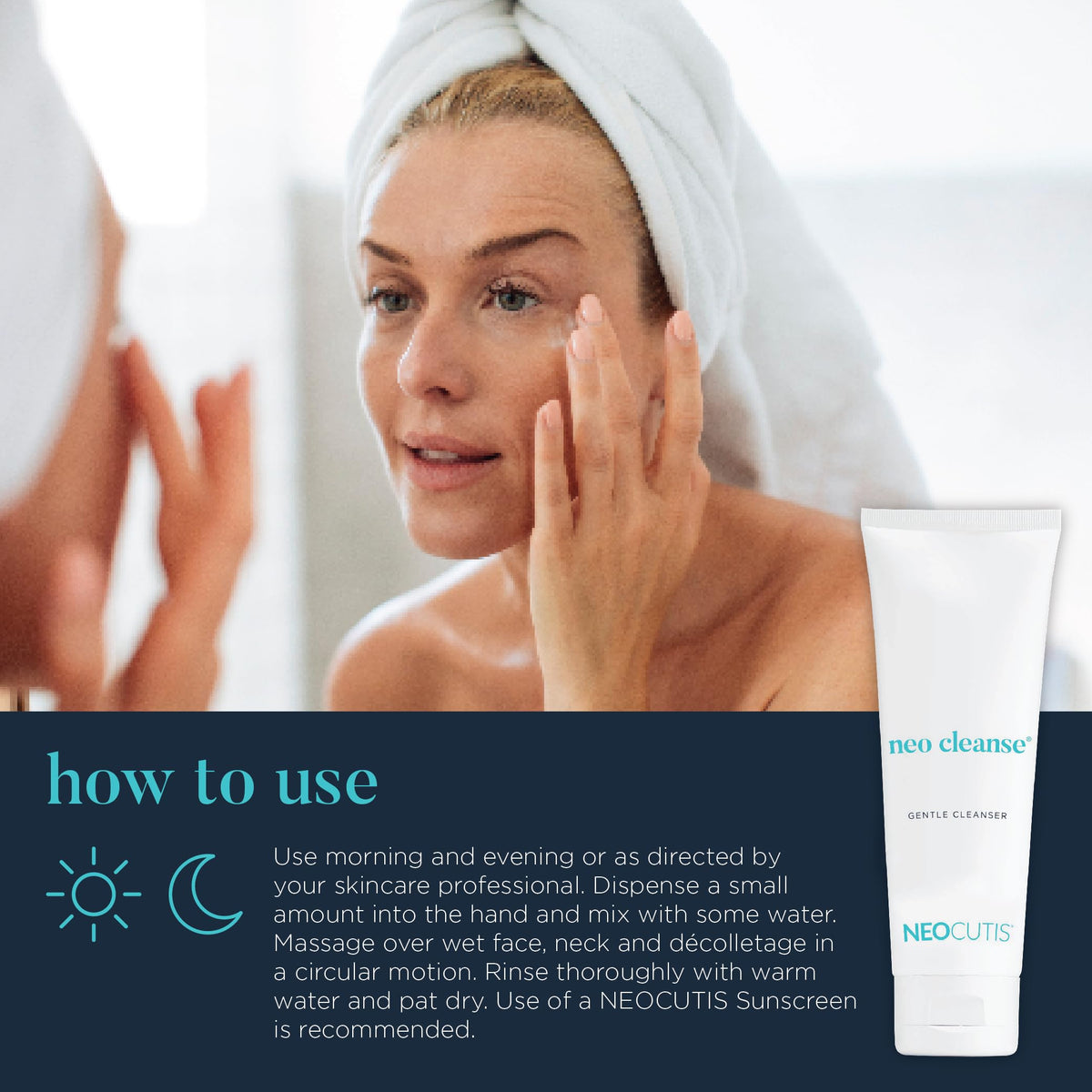 NEOCUTIS Neo Cleanse pump-dispense demo at sink, easy daily cleansing.