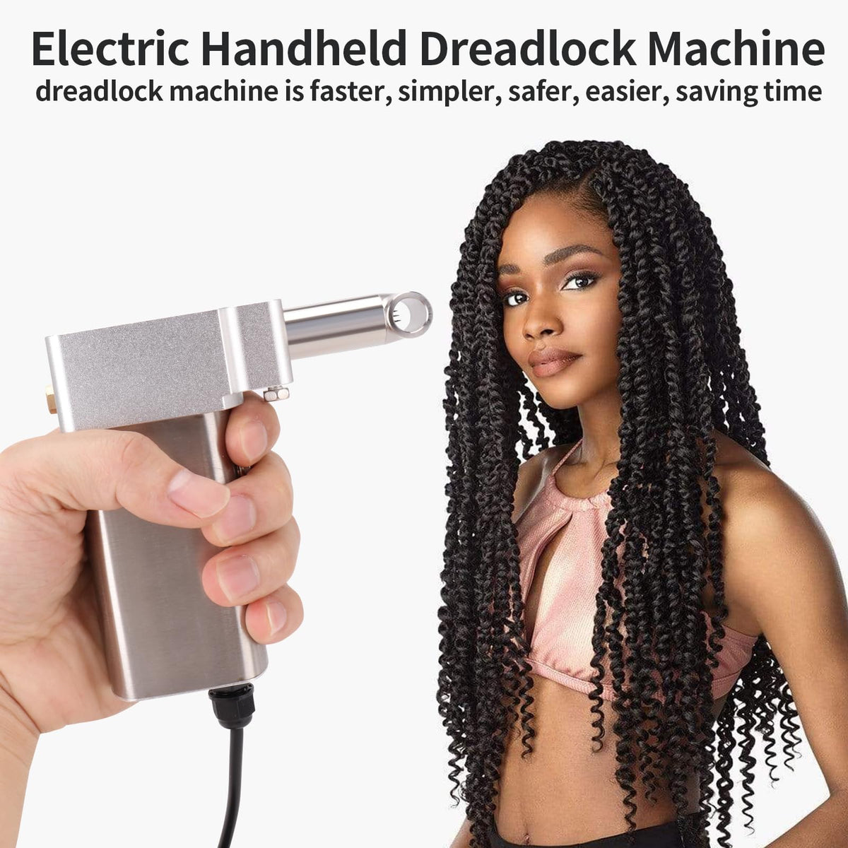 NeoKaleido Loc Machine in use on head enables faster, hands-free dreadlock weaving.
