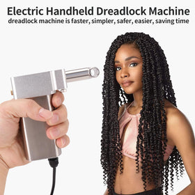 NeoKaleido Loc Machine in use on head enables faster, hands-free dreadlock weaving.
