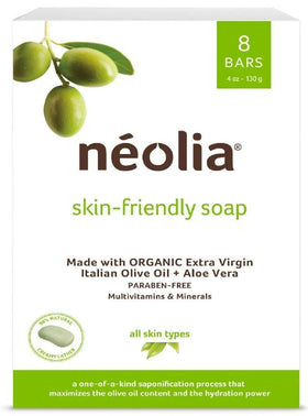 Néolia olive oil soap bar eight-pack on display for gentle cleansing and hydration.