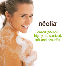 Close-up of Néolia olive oil soap bar highlighting rich lather and organic ingredients.