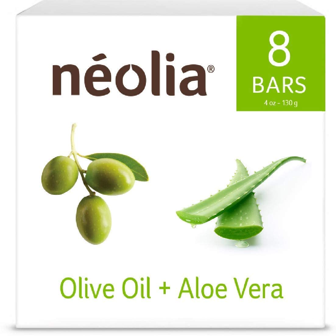 Eight-pack Néolia olive oil soap bar on shelf with fresh cleanse.