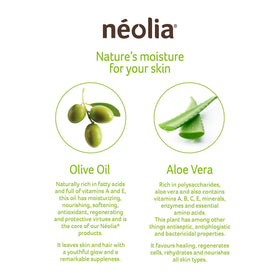Aloe leaf beside Néolia soap bar emphasizing aloe and olive oil based hydration.