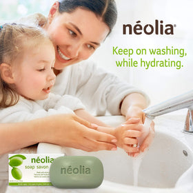 Néolia soap bar resting beside bathroom sink showcasing daily clean routine.