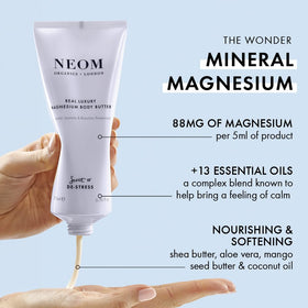 Closeup texture of Neom magnesium body butter showing rich moisture from shea and coconut oils.