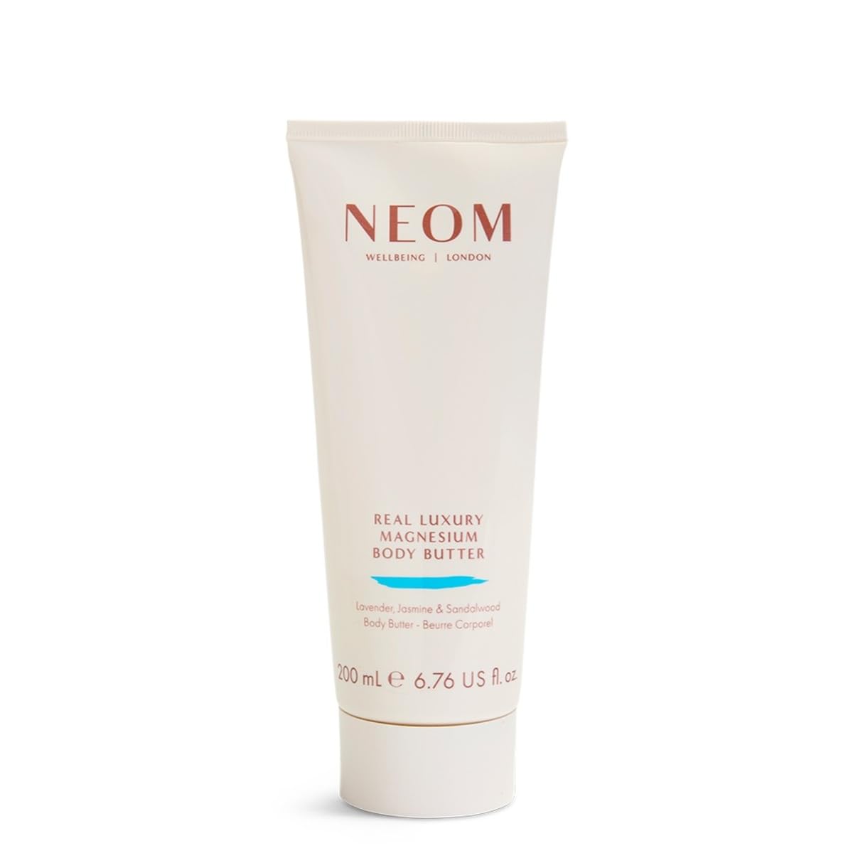 Neom magnesium body butter jar exudes calming aromatics for skin and mood.