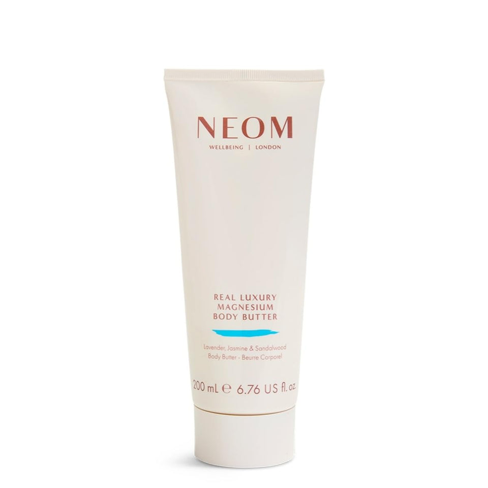 Neom magnesium body butter jar exudes calming aromatics for skin and mood.