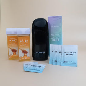 NEOMANN packaging includes everything needed for waxing routine.