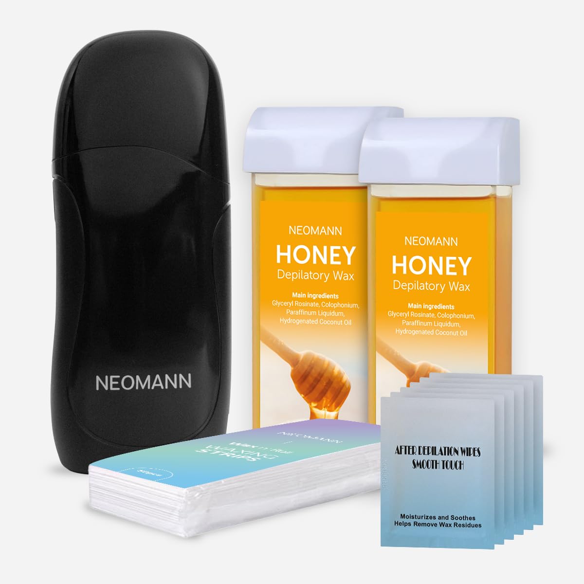NEOMANN roll-on wax kit with black heater for fast at-home waxing.