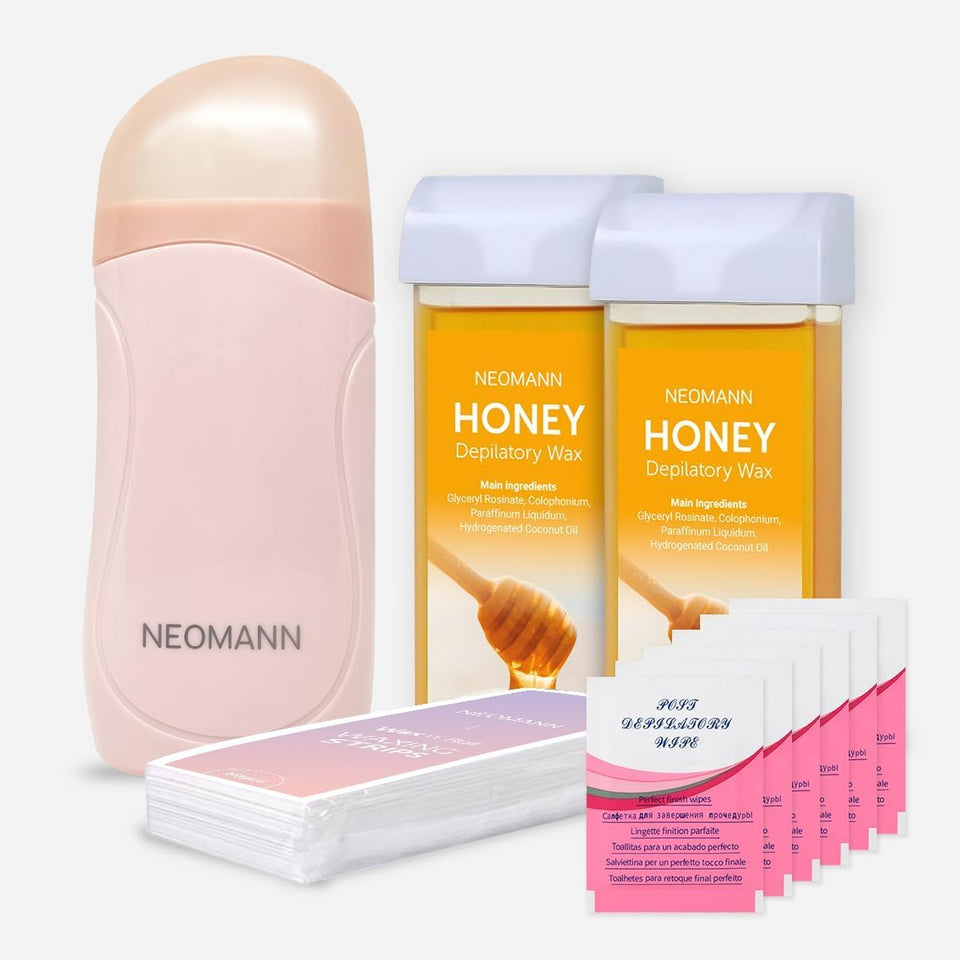 NEOMANN roll-on wax kit pink setup for at-home waxing convenience.