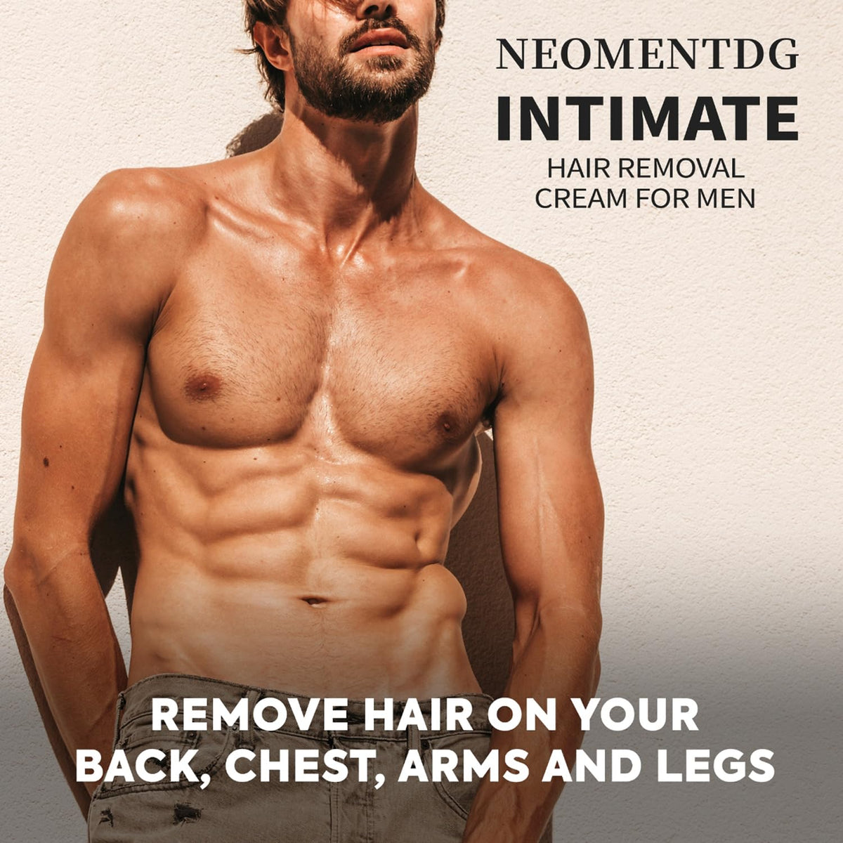 NEOMEN hair removal cream on back, chest, or arms for quick grooming