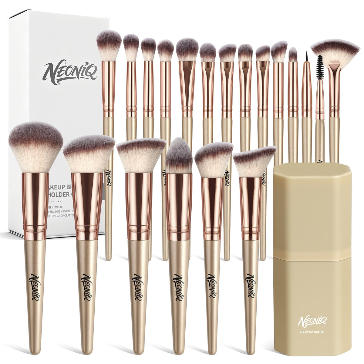 NEONIQ 20pc travel brush set in champagne gold case, ideal for on-the-go routines