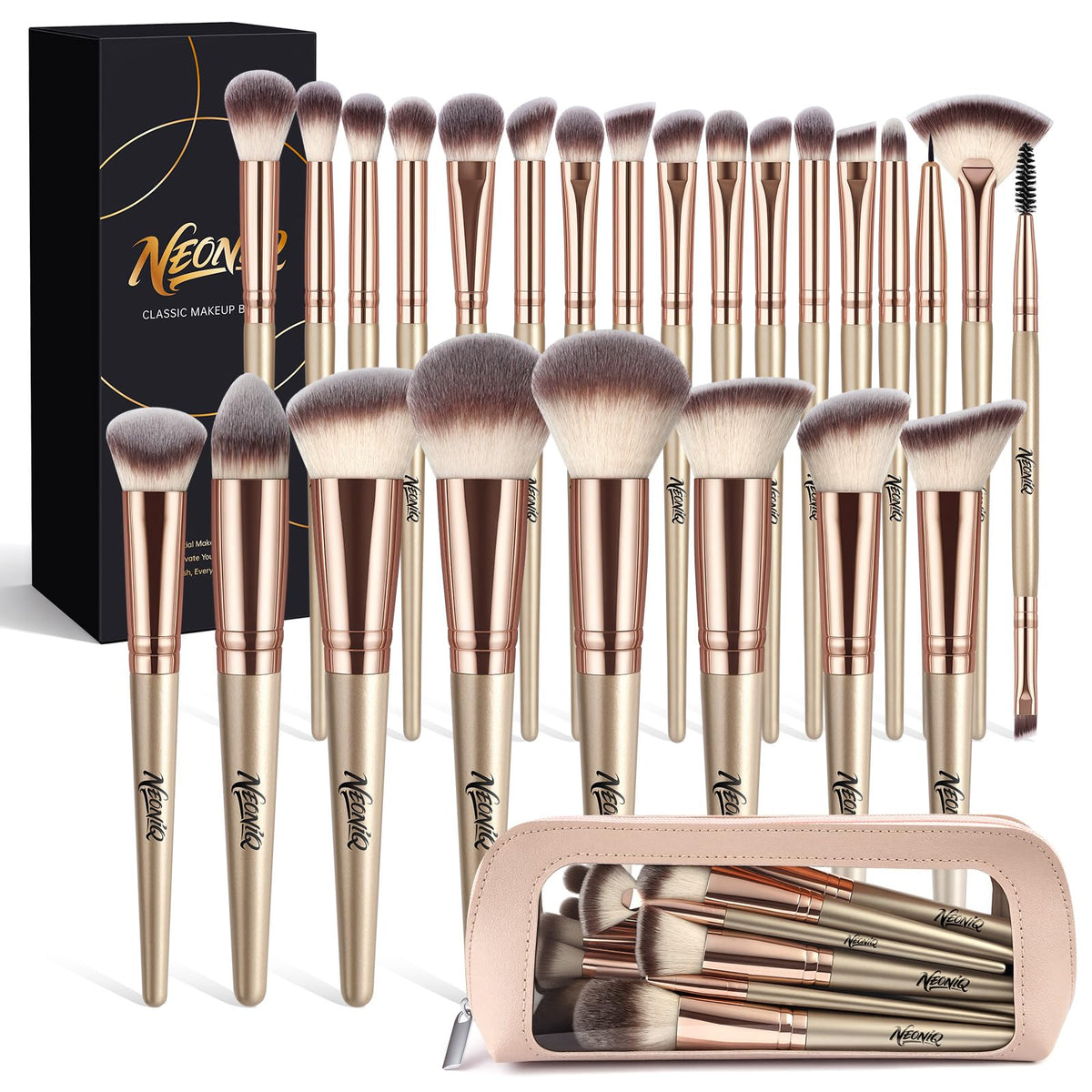 NEONIQ 25-piece brush set with gold case for flawless daily looks