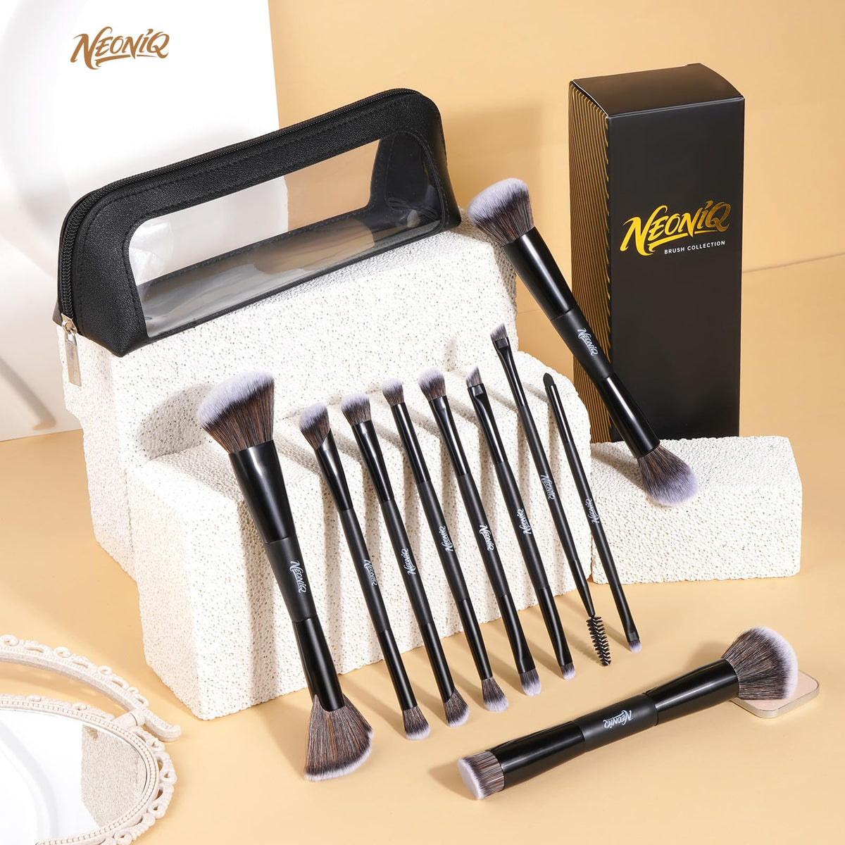 NEONIQ dual-ended brush set with 20 heads for all-in-one makeup application