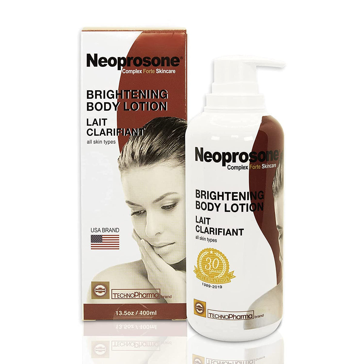 Neoprosone Brightening Body Lotion bottle-front implies hydration and brightening potential.