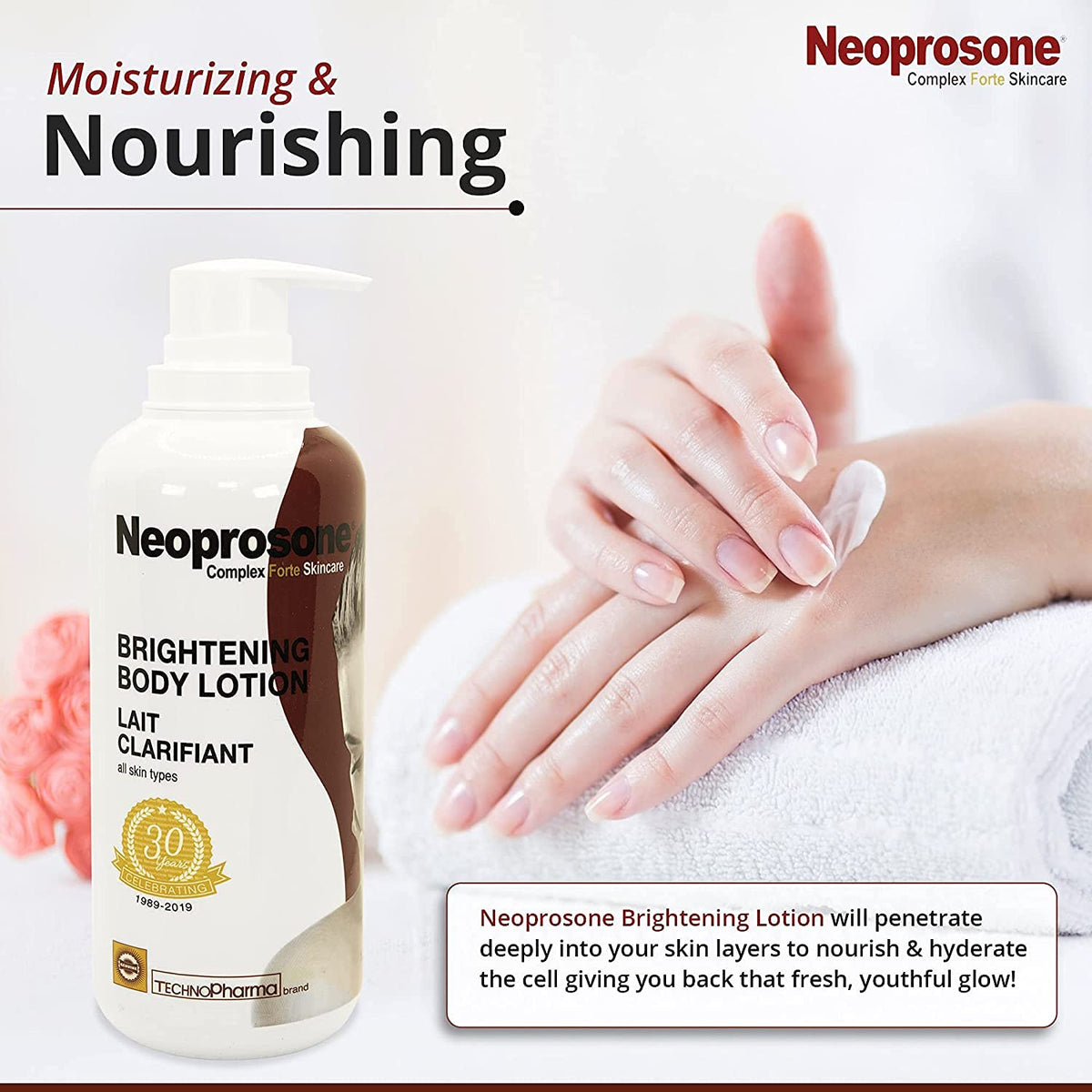 Neoprosone Brightening Body Lotion ingredients graphic highlights Vitamin C and Alpha Arbutin.