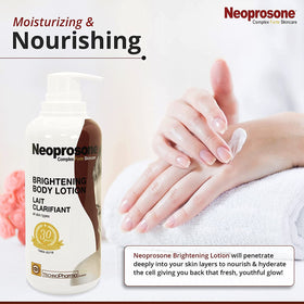 Neoprosone Brightening Body Lotion ingredients graphic highlights Vitamin C and Alpha Arbutin.