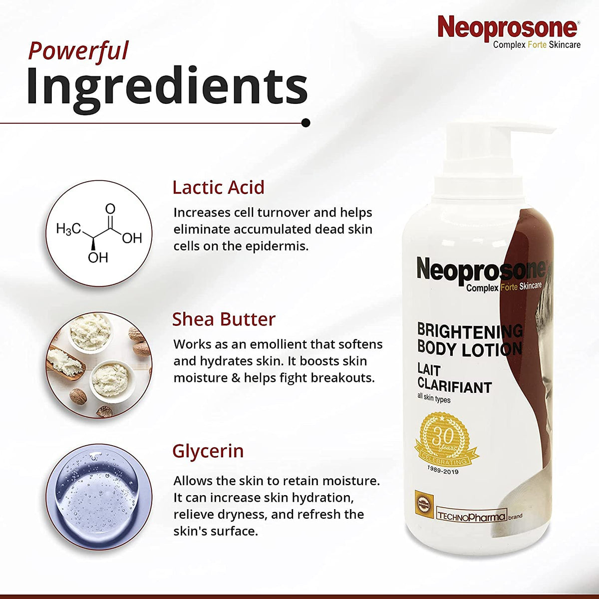 Neoprosone Brightening Body Lotion pump closeup emphasizes easy, even application.