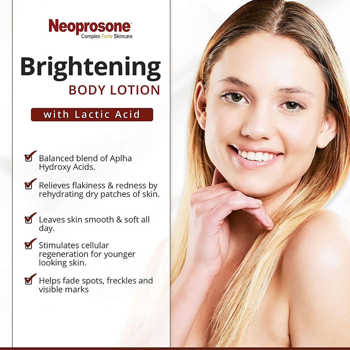 Neoprosone Brightening Body Lotion SPF reminder visual emphasizes daily sun protection.