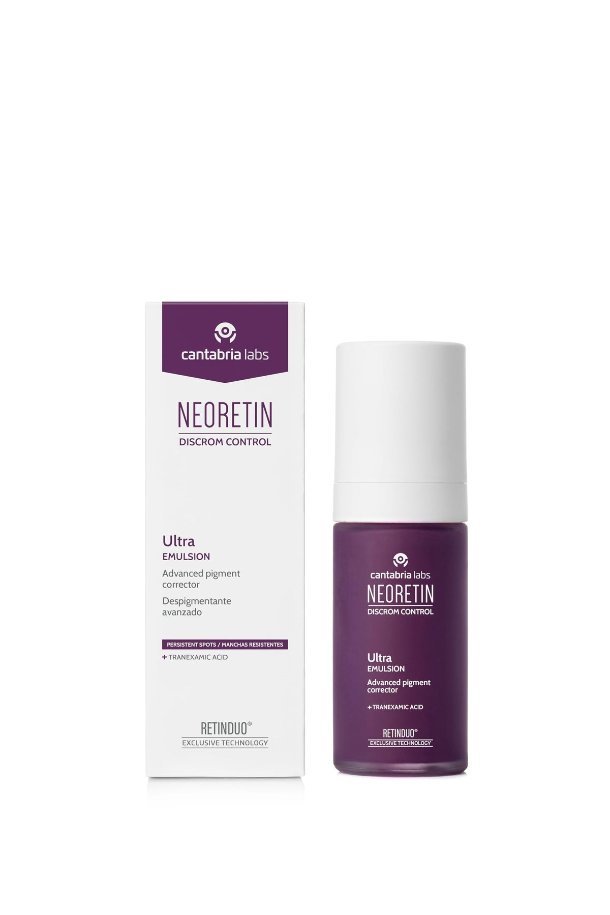 NEORETIN Ultra Depigmenting Emulsion bottle showing premium packaging for all skin types and sun protection.